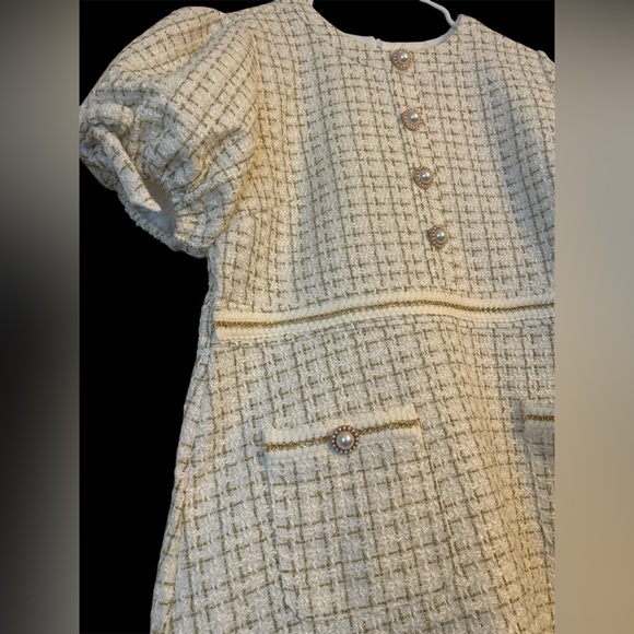 Girhoodcore Cream Tweed Pearl Gold Embellished Dress - L - Picture 4 of 11